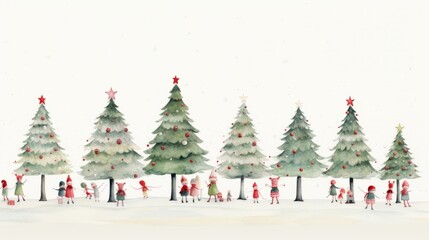 A Christmas watercolor crocheted cute Christmas family near Christmas tree in Scandinavian red green.  Postcard illustration style.