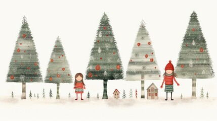 A Christmas watercolor crocheted cute Christmas family near Christmas tree in Scandinavian red green.  Postcard illustration style.