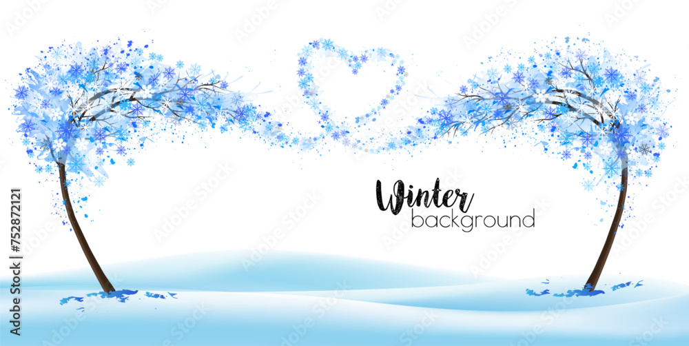 Poster Winter nature background with stylized trees representing the season - winter. Trees with snowflakes collected in the shape of a heart. Vector.