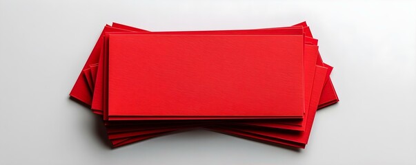 Perfectly arranged vibrant red business cards on a white background. Concept Product Photography, Business Cards, Branding, Red Color, White Background