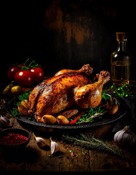 FRANGO ASSADO: UM CLOSE UP DE UM FRANGO IINTEIRO ASSADO EM UM PRATO VINTANGE EM UM ESTILO DARK FOOD