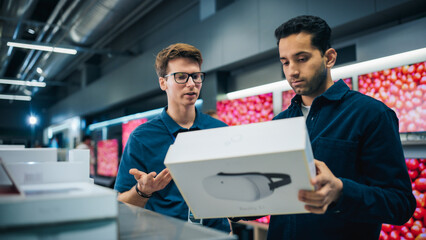 Young Multiethnic Customer Advising with Retail Home Electronics Store Salesperson. Stylish Man Interested in Buying a Virtual Reality Headset. Client Shopping for New Virtual Experience.
