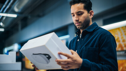 Portrait of a Stylish Hispanic Man Looking at a Box with Modern VR Headset, Reading Model's...