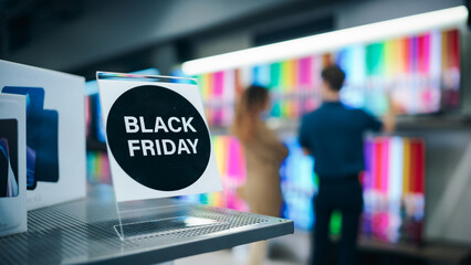 Close-Up of a Black Friday Sale Sign in a Home Electronics Department Store with a Range of Modern Smart TV Sets. Shoppers Explore Discounted Home Appliances in a Busy Retail Storefront Showroom