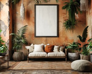 Bohemian Style Interior with Empty Frame Mockup
