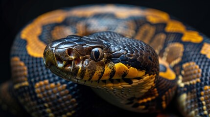 Obraz premium an anaconda snake portrait looking direct in camera with low-light, black backdrop 