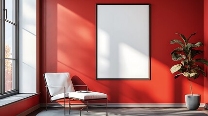 Blank white frame on the red wall living room background. Frame for mockup.