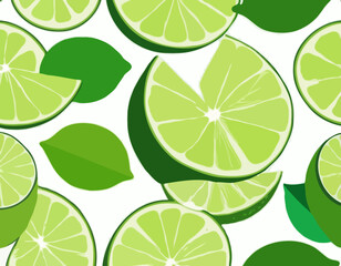 Colorful whole, half and slice lime with green leaf. Vector