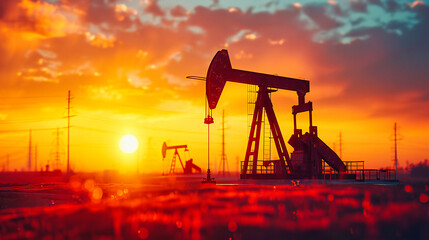 Sunset Over an Oil Field, Silhouetted Drilling Equipment, Energy and Power Generation Concept - obrazy, fototapety, plakaty