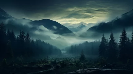  Misty forest at dawn, mysterious and ethereal background © Anuwat