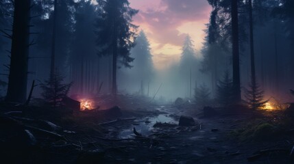 Misty forest at dawn, mysterious and ethereal background