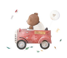Bear rides in a red retro car. Watercolor illustration. Children's decor. - 752872973