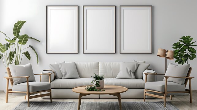 Blank white frame on the white wall living room background. Frame for mockup.