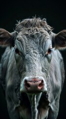 a frisona cow portrait looking direct in camera with low-light  - obrazy, fototapety, plakaty