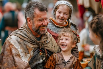 Happy Family Dressed in Medieval Costumes Enjoying a Renaissance Fair, Smiling People Participating in Historical Reenactment, Outdoor Festival Fun