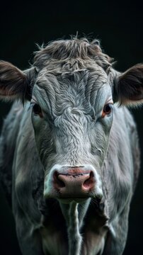 a frisona cow portrait looking direct in camera with low-light 