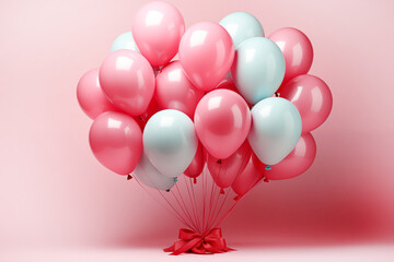 White large number 1 on a background of balloons and artificial flowers piggy pink color. photo decor first birthday or first anniversary