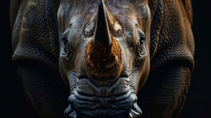 a rhinoceros close-up portrait looking direct in camera with low-light, black backdrop - obrazy, fototapety, plakaty