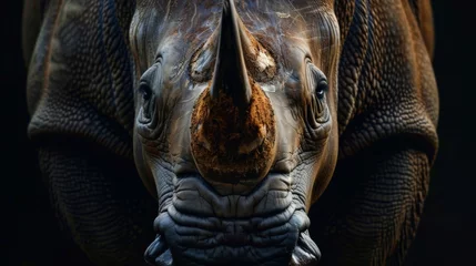 Foto op Plexiglas a rhinoceros close-up portrait looking direct in camera with low-light, black backdrop © PAOLO