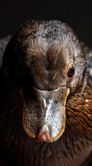 a platypus close-up portrait looking direct in camera with low-light, black backdrop