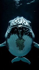 a humpback whale close-up portrait looking direct in camera with low-light, black backdrop - obrazy, fototapety, plakaty