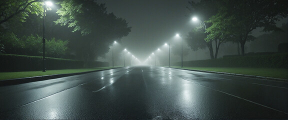 Midnight road or park walk way with lights.. Wet, hazy asphalt road. crime, midnight activity concept.  - obrazy, fototapety, plakaty