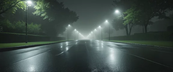 Fotobehang Midnight road or park walk way with lights.. Wet, hazy asphalt road. crime, midnight activity concept.  © Fukurou