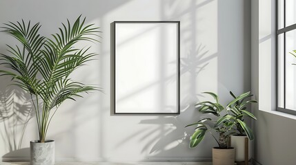 Blank white frame on the white wall minimalist room background. Frame for mockup.
