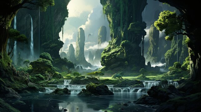 Surreal landscape with floating islands and cascading waterfalls, a fantasy concept
