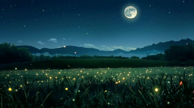 The beauty of a moonlit field with fireflies creating a magical glow. Fantasy landscape anime or cartoon style, looping 4k video animation background