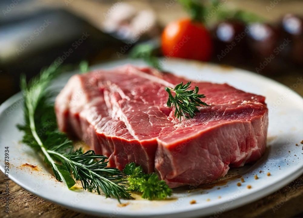 Wall mural Fresh slice of meat on white pate, beef stake, on blurred background