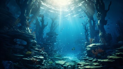 Underwater ocean scene, mysterious aquatic background