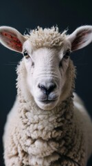 a sheep close-up portrait looking direct in camera with low-light, black backdrop