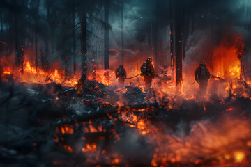 Illustration of firefighters extinguishing a forest fire.