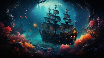 Underwater scene with a sunken ship and glowing marine life - obrazy, fototapety, plakaty