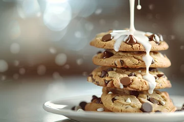 Poster Milk glass bottle dripping milk onto chocolate chip cookie stack in a plate © Alberto Gonzalez 