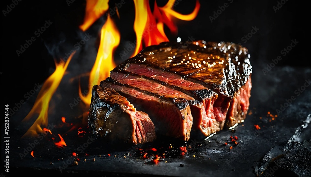 Wall mural Delicious juicy grilled medium rar beef steak in fire with free space for text on black background