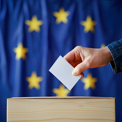 Man putting ballot in box during elections in europe. - obrazy, fototapety, plakaty