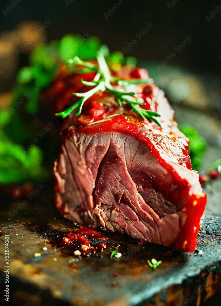 Wall mural Delicious juicy slice of meat, beef, pork with souce on wooden plate,  blurred background 