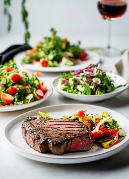 Delicious juicy grilled medium rar beef steak with vegetables salad on white plate, close up, macro