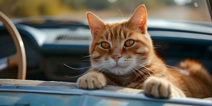 Playful red cat enjoys a sunny road trip in a convertible. Concept Pet Photography, Road Trip, Convertible Photoshoot, Red Cat, Playful Poses