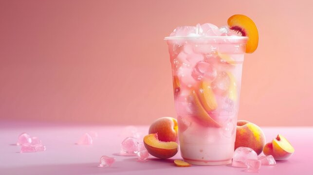 A pink transparent summer drink with peaches and ice cubes inside the glass, no objects underneath the glass