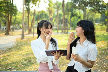 Naklejka premium Two happy laughing business colleagues sharing new ideas while sitting on park bench