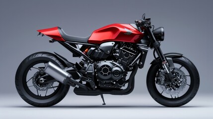 a red and black motorcycle is parked on a gray background,