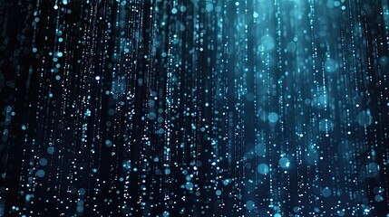 Falling rain of numbers in neon light. Anti design, data, binary code, transmission speed, drops, puddles, clouds, thunderstorm, hacker, lighting, information. Generated by AI
