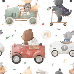 Seamless pattern cars with animals. Watercolor Background. Retro cars. Beautiful pattern for a child's room.