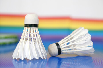 Fototapeta na wymiar Badminton shuttlecock, sport equipments. Concept, sport, exercise, recreation activity for good health. Popular sport for all genders and LGBTQ+ worldwide. 