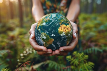 Hands Holding Earth Globe in Lush Forest Care for Our Planet Concept
