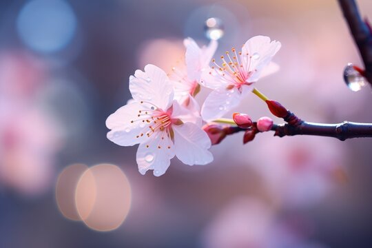 Cherry Blossom Elegance: A delicate cherry blossom leaf with soft bokeh lights from the surrounding blossoms.
