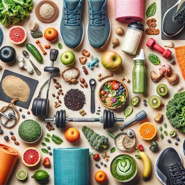  The image displays fitness essentials: fresh produce, exercise equipment, and an alarm clock, arranged on a wooden surface. It represents a healthy lifestyle